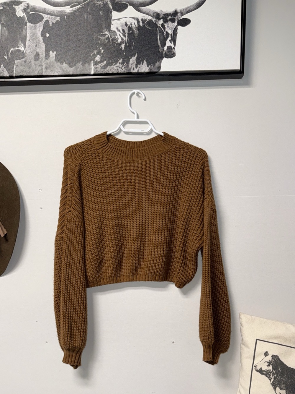 Cropped Chunky Knit Sweater - Brown